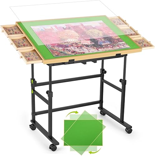 Tranqio 1500 Piece Jigsaw Puzzle Table with Metal Lazy Susan, Rotating Adjustable Height Puzzle Desk with Legs for Adults, 4-Tilting-Angle Portable Wooden Game Board with 6 Drawers & Cover