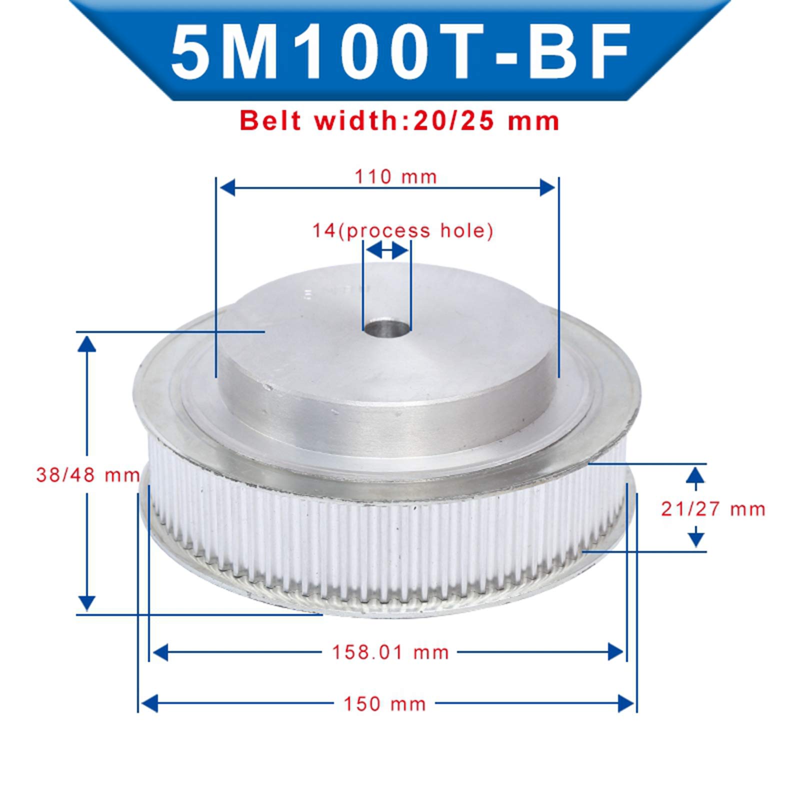 1 Pièce Poulie 5 Module 80/90/100 dents aluminium Poulie roue brute trou 12/14mm pour la largeur 20/25mm Courroie