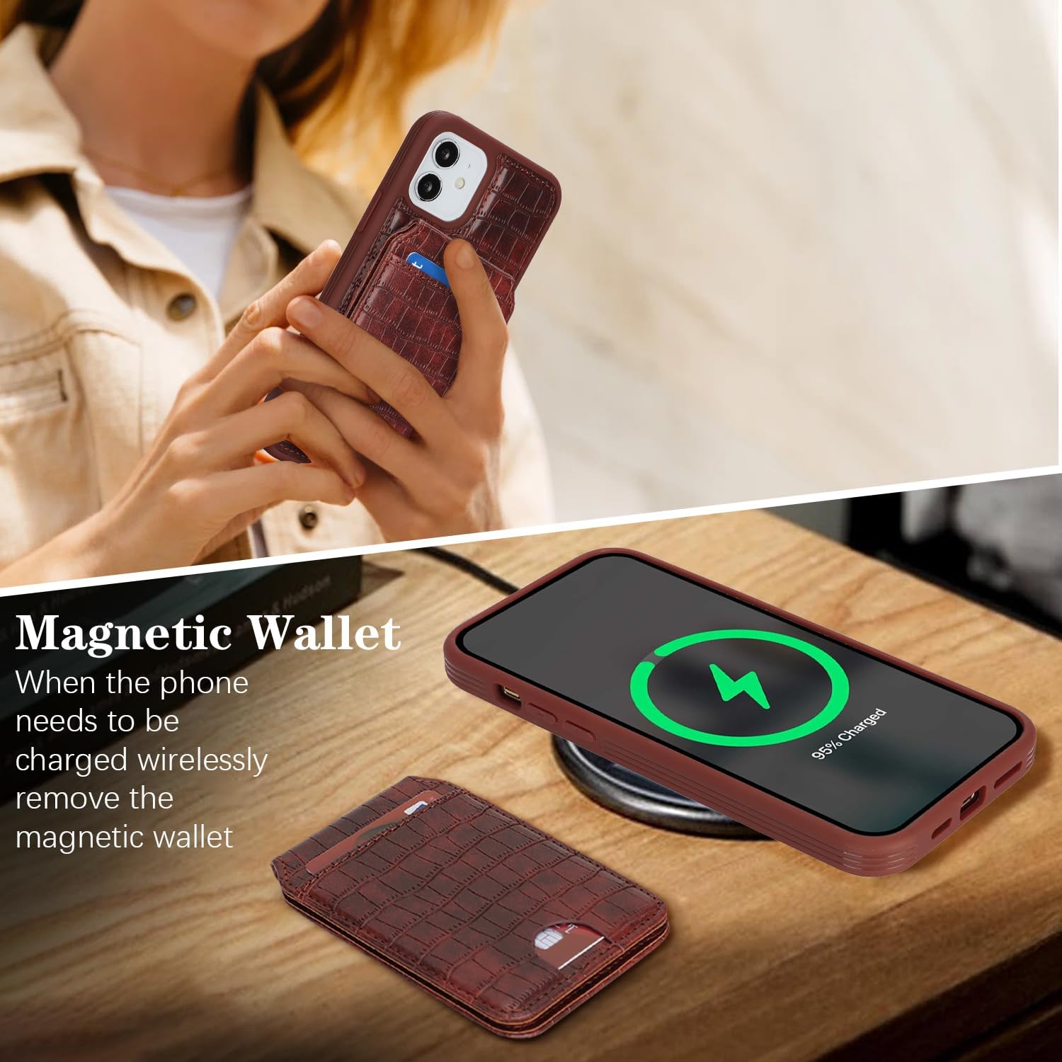 Ｈａｖａｙａ Magnetic Detachable Case for iPhone 12 & 12 Pro - Faux Crocodile Leather Cover Compatible MagSafe with Wallet, Adjustable Stand & 5 Card Slots - Espresso Brown