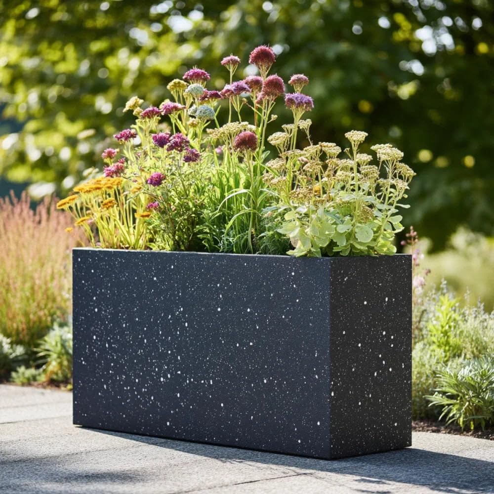 Tulipy 1.2m/1m/90cm/80cm Zinc Galvanised Long Tall Trough Planter with Insert | No Assembly Needed | Lightweight (Textured Black Stone, L90cm x W30cm x H60cm)