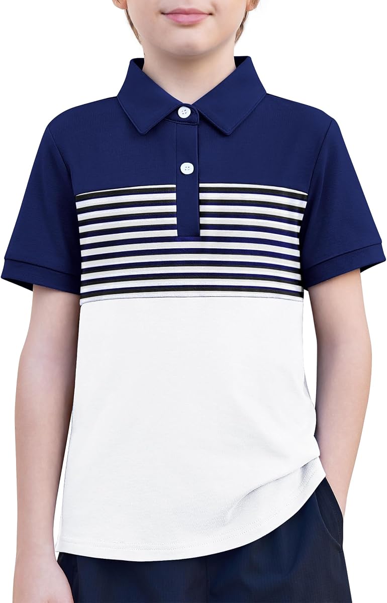 Boys Striped Polo Shirt Short Sleeve Golf Shirt School Uniform Shirts Summer Active Performance Tops for Kid 4-12 Years