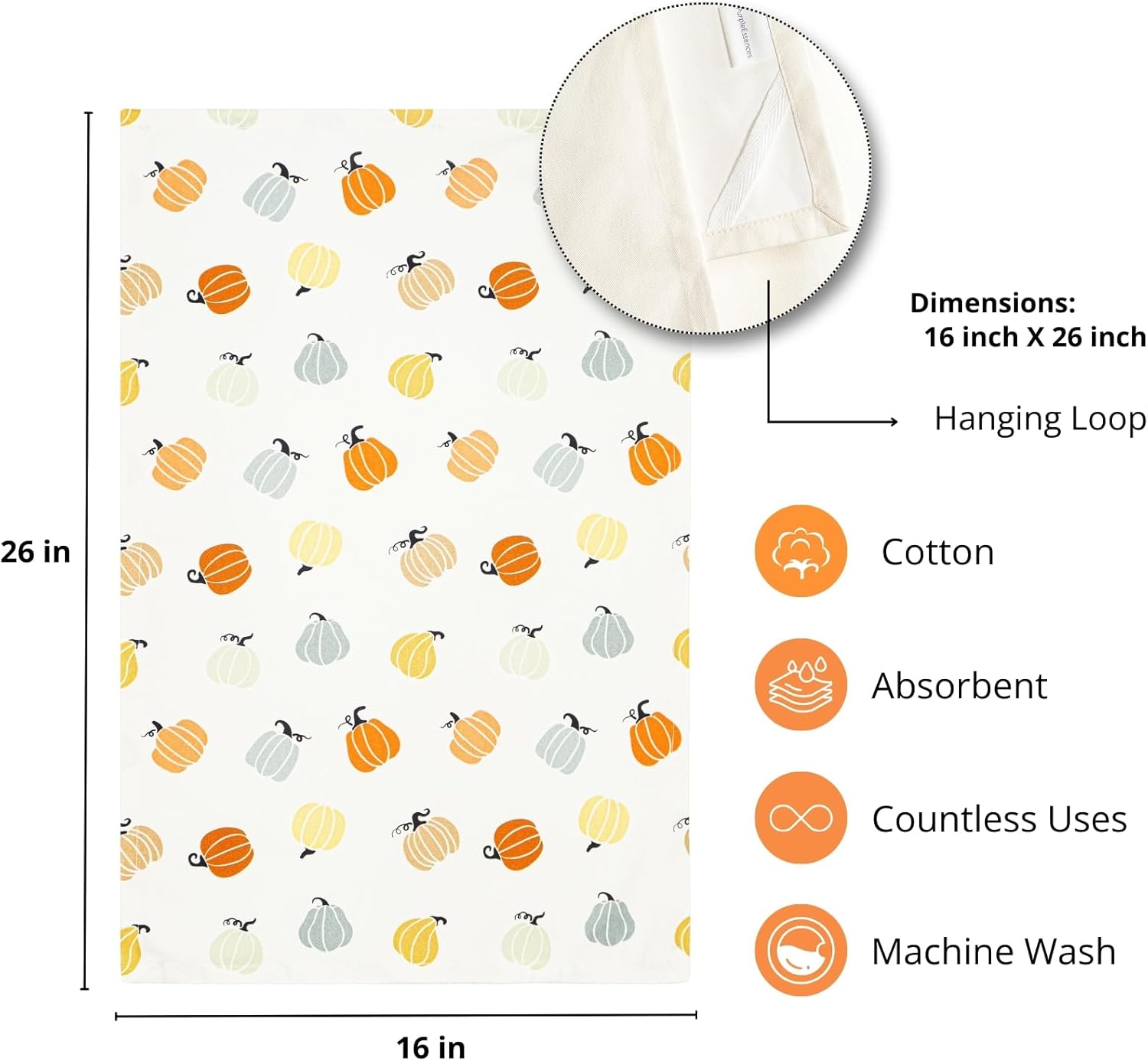 PurpleEssences Pumpkin Cotton Kitchen Towels Set of 4 - Absorbent Dish Towels Set Tea Towels Bar Towels Multi Purpose Kitchen Linen, Drying Dish Hand Towels 16 x 26 Inch - Fall Home