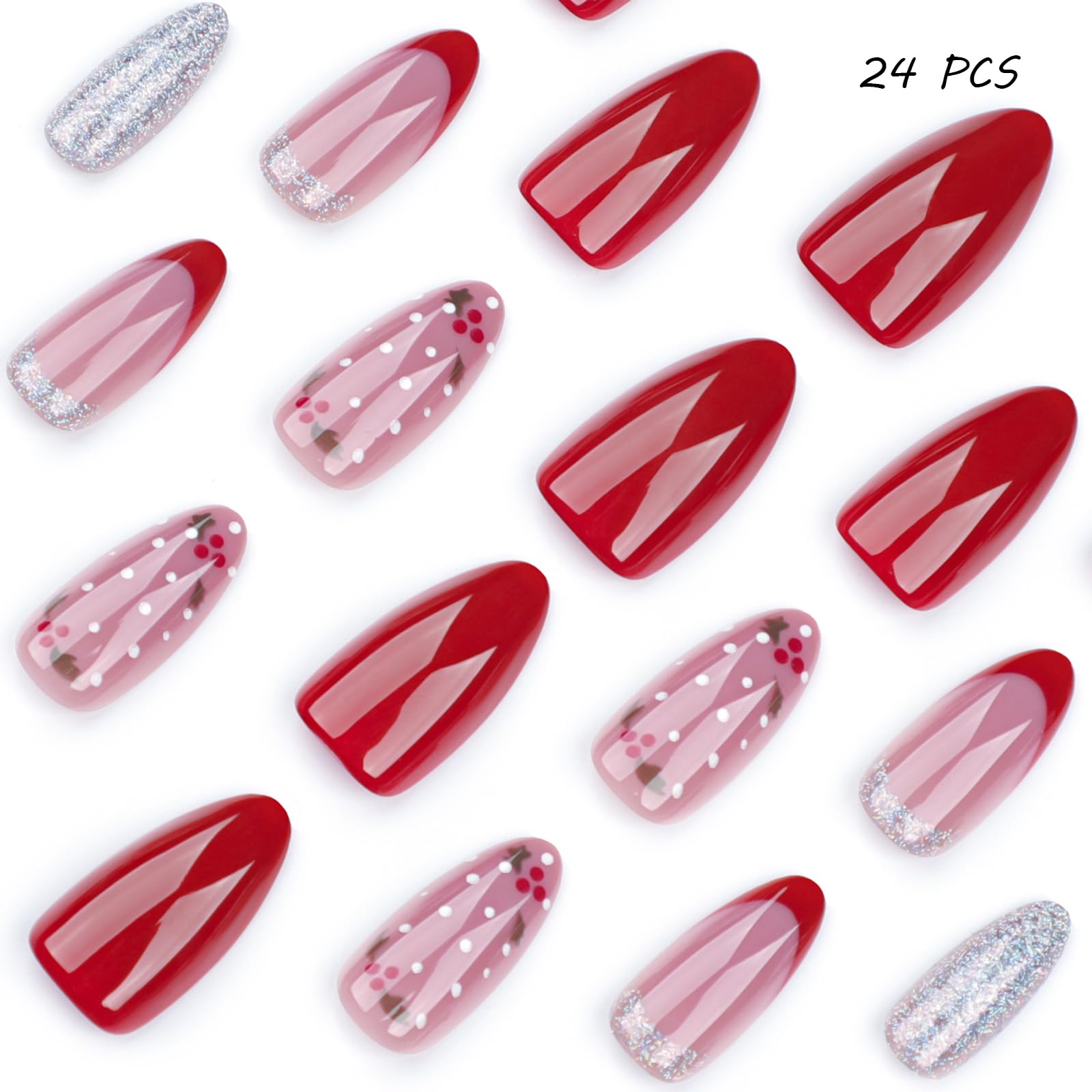 24 PCS Press on Nails Christmas Fake Nails Red and White Striped Fake Nails Red Fruit Fake Nails Medium Fake Nails Gifts for Women and Girls (No.25)