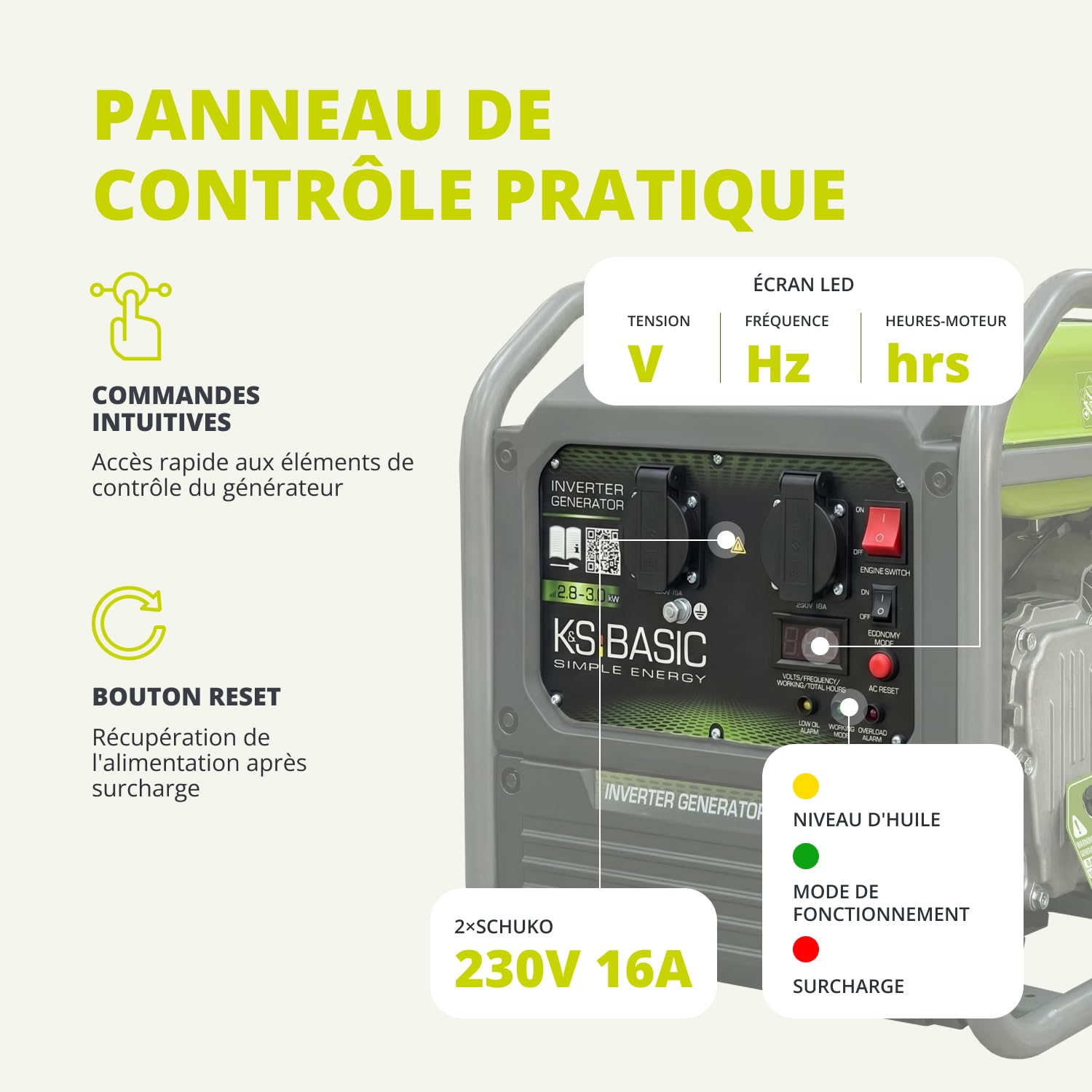 K&S Basic 30i Générateur onduleur 2800 W, 3000 W maximum, générateur de secours compact à essence, onde sinusoïdale pure, générateur de courant avec mode éco, pour la maison, le camping et les travaux