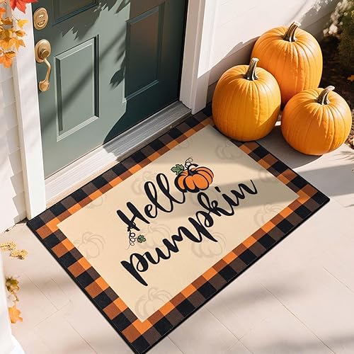Miniatura 7 de HEBE - Tapete para puerta de otoño, 32 x 48 pulgadas, diseño de calabaza, antideslizante, a cuadros, para interiores y exteriores, otoño, cosecha,