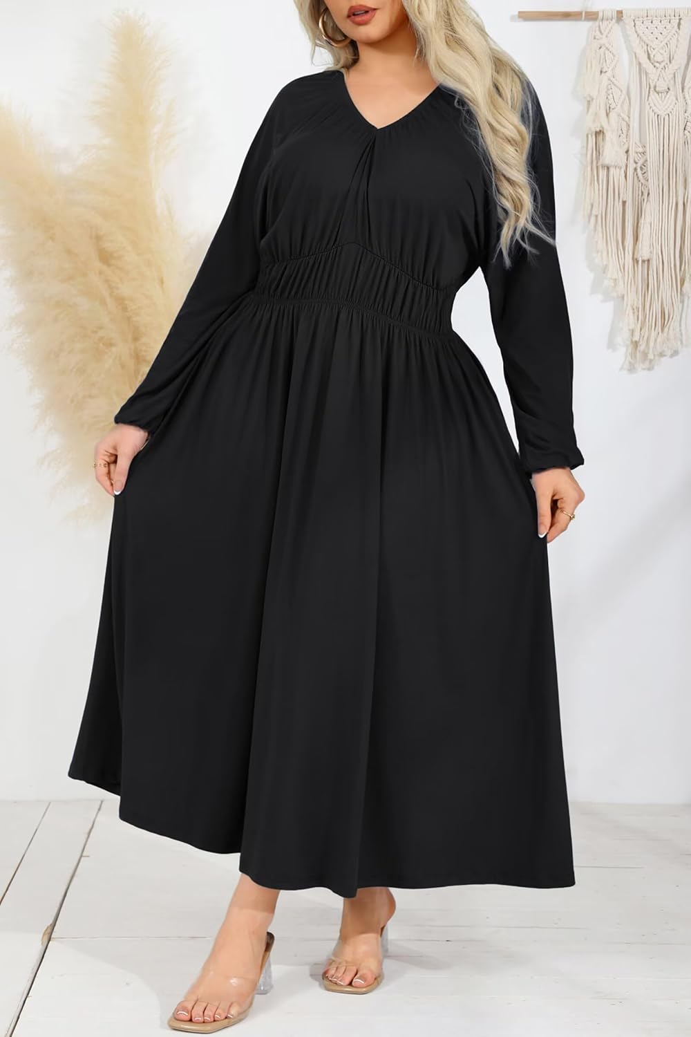 EDITCOZY Women Plus Size Wedding Guest Maxi Dresses Curvy Casual Long Sleeve V Neck Flowy Fall Long Dress - Image 7