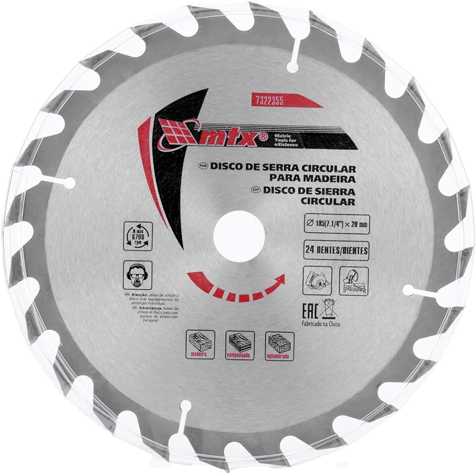MTX Disco Circular Widea 185 mm × 20 mm × 24 Dentes – Aço 65G, Corte Longitudinal e Transversal em Madeira