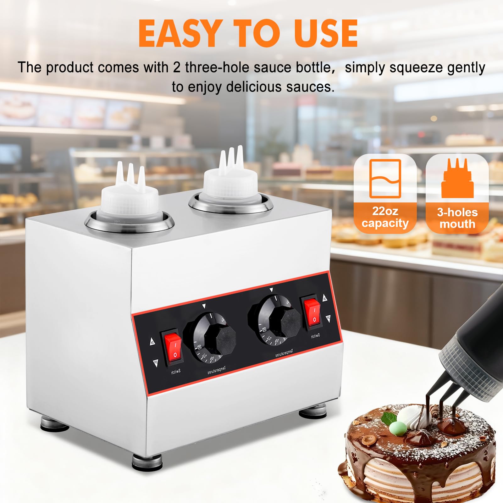 YUCHENGTECH Chauffe-Sauce Électrique, Température Réglable 86-185 ℉,320W | Distributeur Chauffant pour Sauces en Acier Inoxydable avec 2 Bouteillespour Chocolat, Fromage, Ketchup et le Fudge