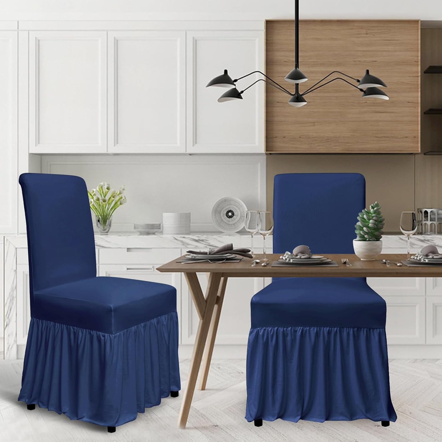 molasofa Chair Covers for Dining Room Set of 2 Stretch Chair Slipcovers with Skirt for Kitchen Seat Protectors Wedding Banquet Decor Kids Pets Spandex Fabric Washable (2pcs, Navy Blue)