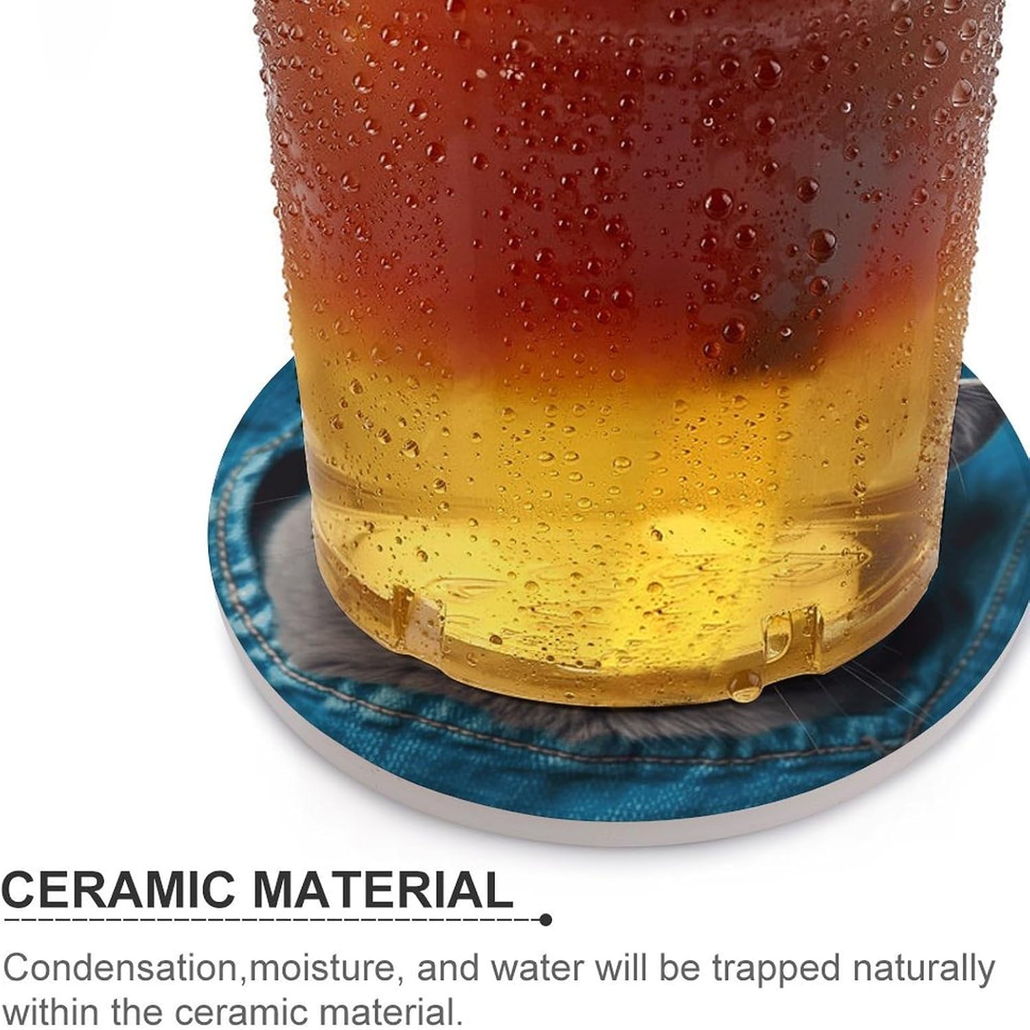 6PCS Blue Cat Coasters Non-Slip Round Drink Coasters with Ceramic Stone and Cork Base, Heat Resistant Absorbent 33.00Stone Coaster Set for Kinds of Mugs and Cups, 4 Inch