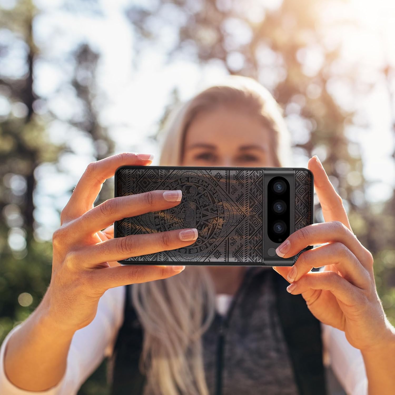 Carveit Wood Case for Pixel 8 Pro Case [Natural Wood & Black Soft TPU] Shockproof Protective Unique Wooden Cover Compatible with Google Pixel 8 Pro (Aztec Calendar-Blackwood)