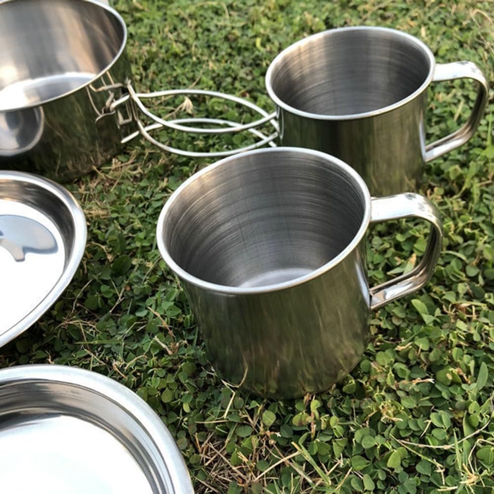 Oniissy Batterie de cuisine de camping en acier inoxydable 8 pièces avec poignées pliantes pour 5 à 6 personnes, kit de cuisson portable pour cuisinière à gaz et cuisinières électriques avec