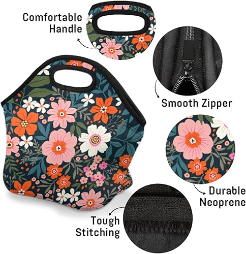 Miniatura 4 de QsirBC Bolsa de almuerzo de neopreno con diseño de flores dulces, portátil, reutilizable, aislada, para mujeres, hombres, adultos, trabajo, picnic,