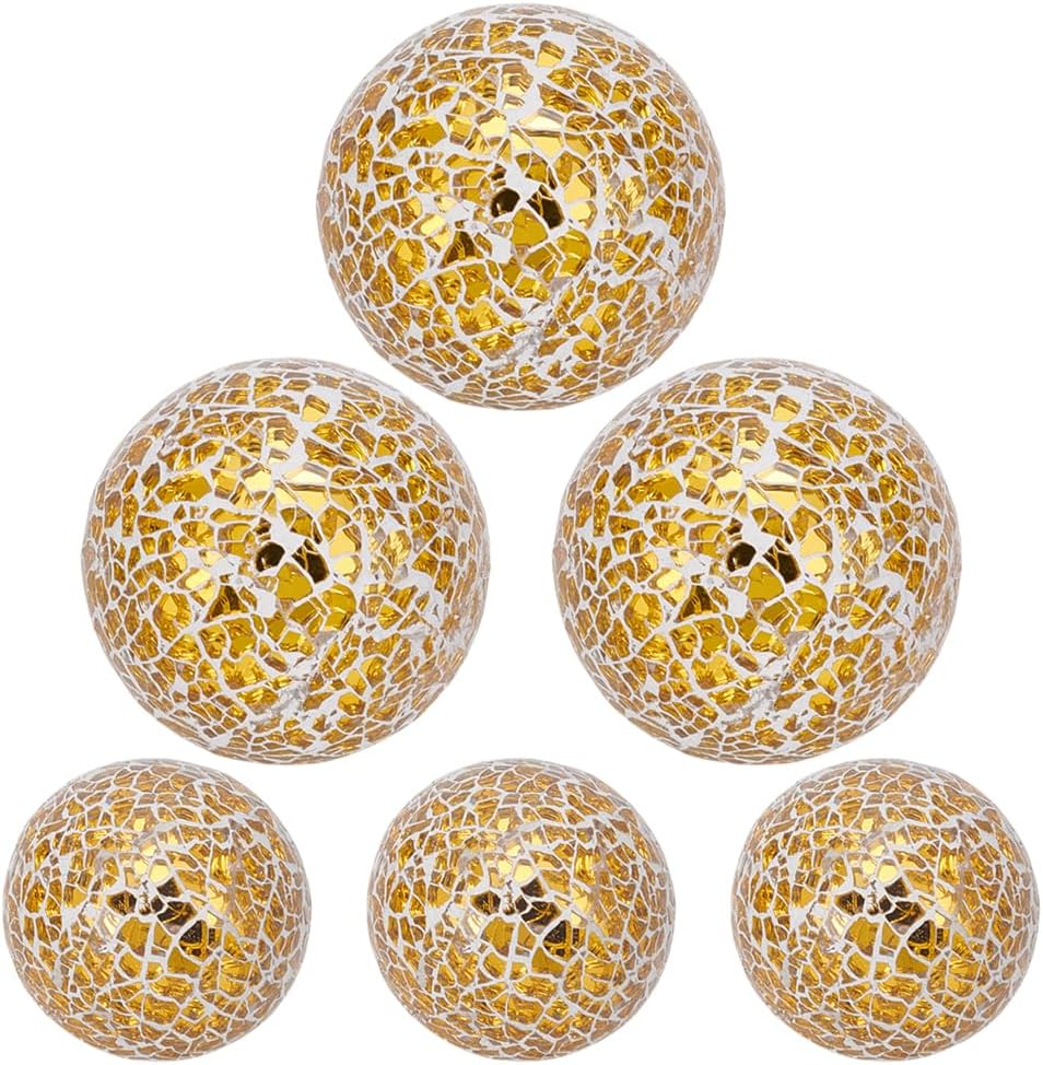 UNICRAFTALE 6Pcs 2 Sizes Decorative Glass Balls for Bowls Gold Mosaic Sphere Balls Decorative Orbs Diameter 2-3" Centerpiece Balls for Home Garden Kitchen Living Room Decor