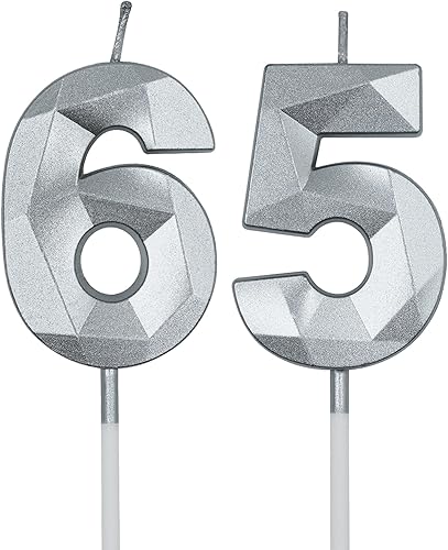 Miniatura 1 de Velas de cumpleaños de 65 y 56 para pastel, número plateado 65 56 3D con forma de diamante, decoración de cumpleaños, suministros de fiesta para