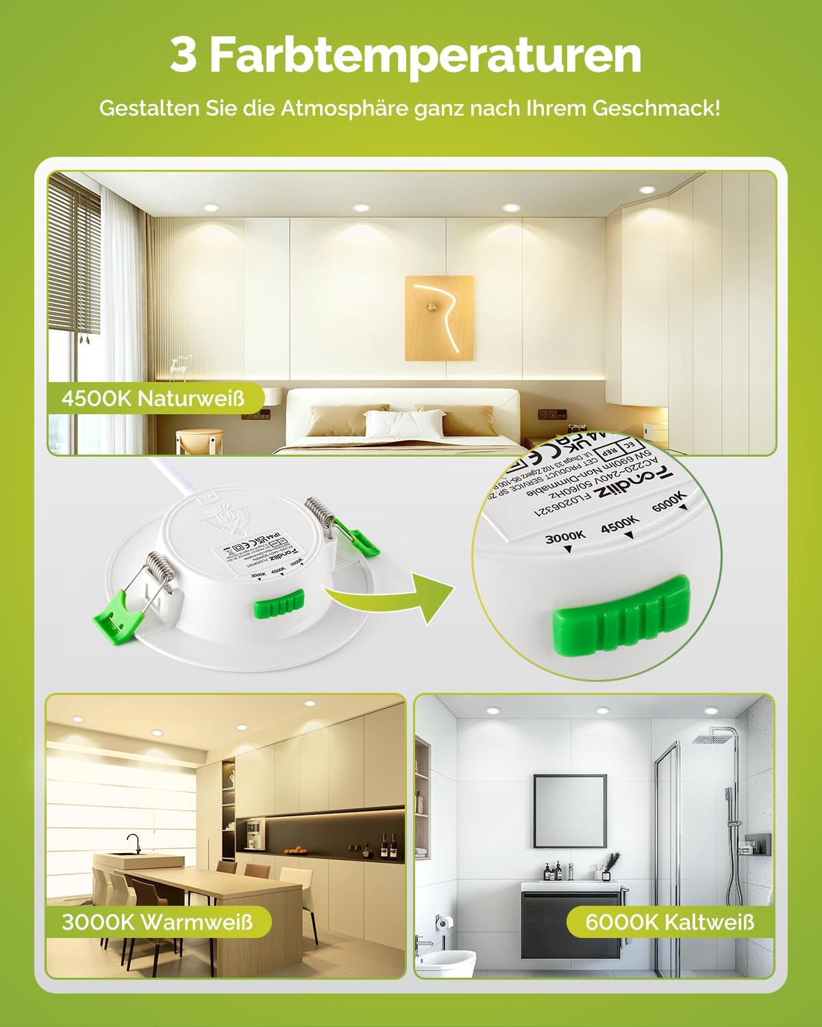 Fondiiz 12er LED Einbaustrahler 230V 5W 690lm, Led Spots 230v Warmweiß Neutralweiß Kaltweiß, 75-90mm Lochmaß, IP44 Spots Deckenleuchte LED Deckenspots Flach für Badezimmer Küche Wohnzimmer