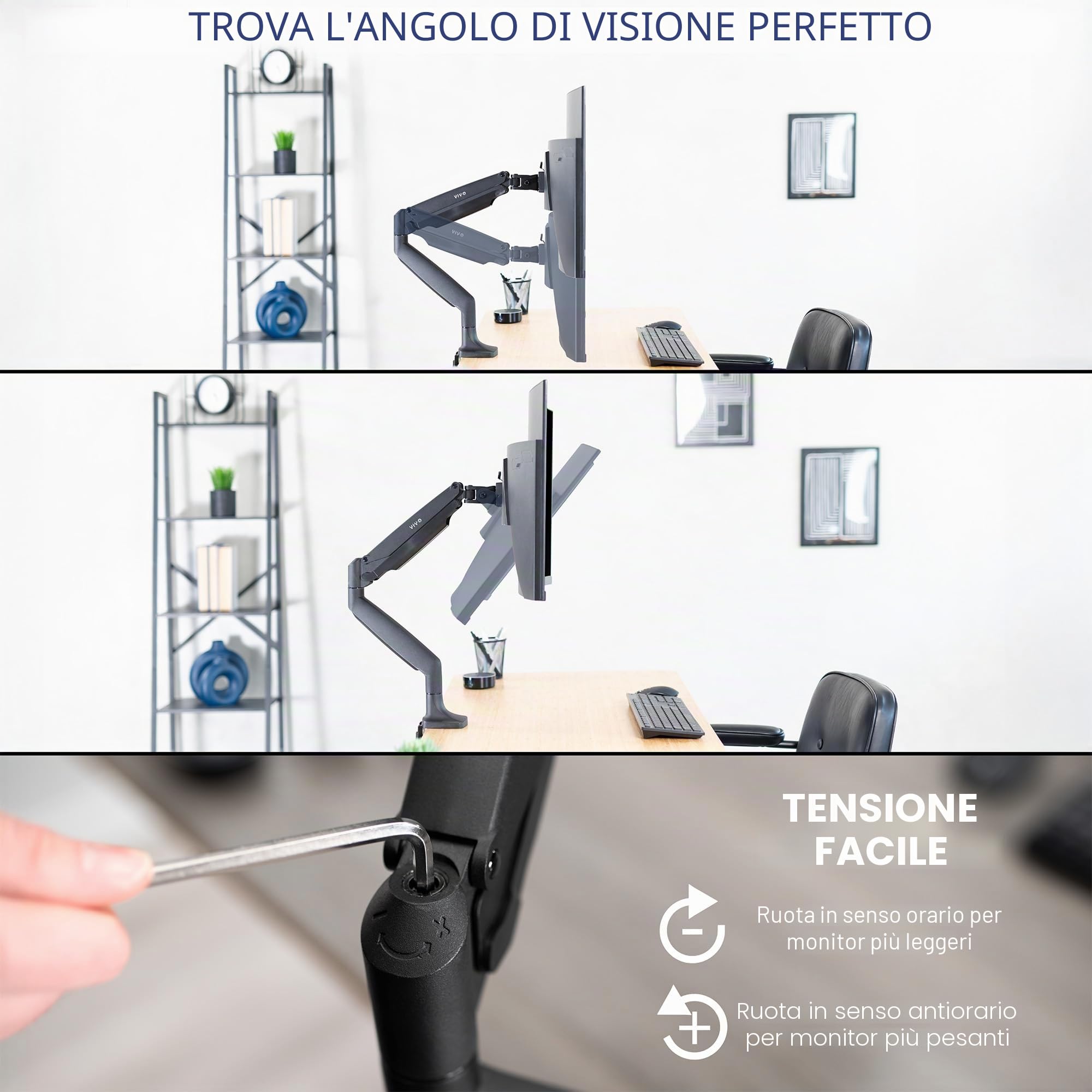 VIVO STAND-V001Q - Supporto da scrivania articolato per monitor singolo, in alluminio, regolabile in altezza, con braccio pneumatico, adatto a schermi fino a 32"