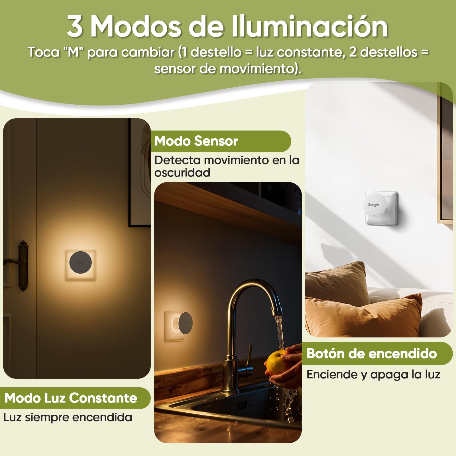 Luz Nocturna con Sensor de Movimiento, 2 Piezas Luz Nocturna Infantil Enchufe con Blanco Cálido, 3 Modos, Brillo Ajustable, Control Táctil, Luz Noche para Niños, Pasillo, Escaleras y Dormitorio