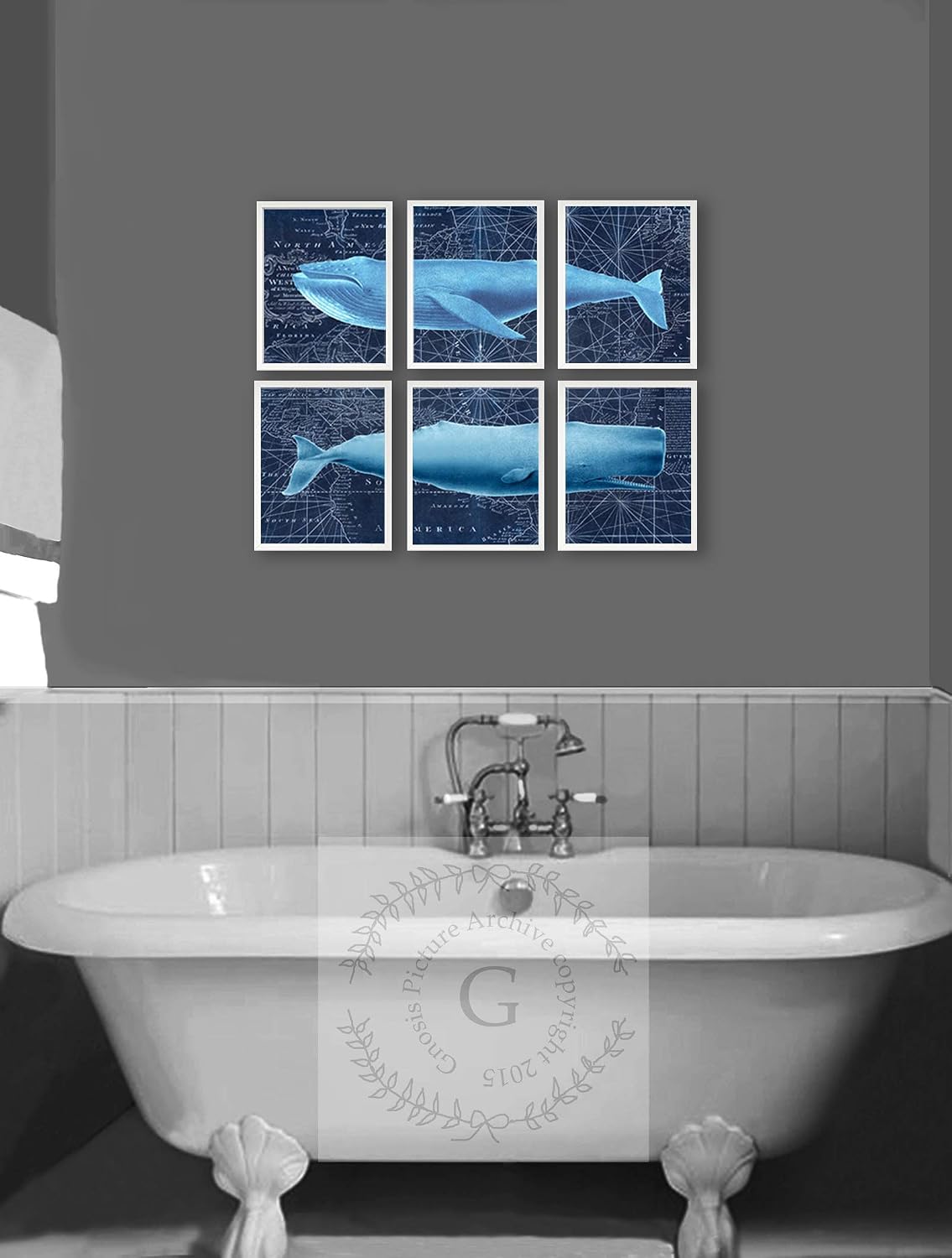 Gnosis Picture Archive Whale Wall Art 6 Piece Unframed Whale Art Prints with Navy Nautical Map Background Nautical_Whale_6A