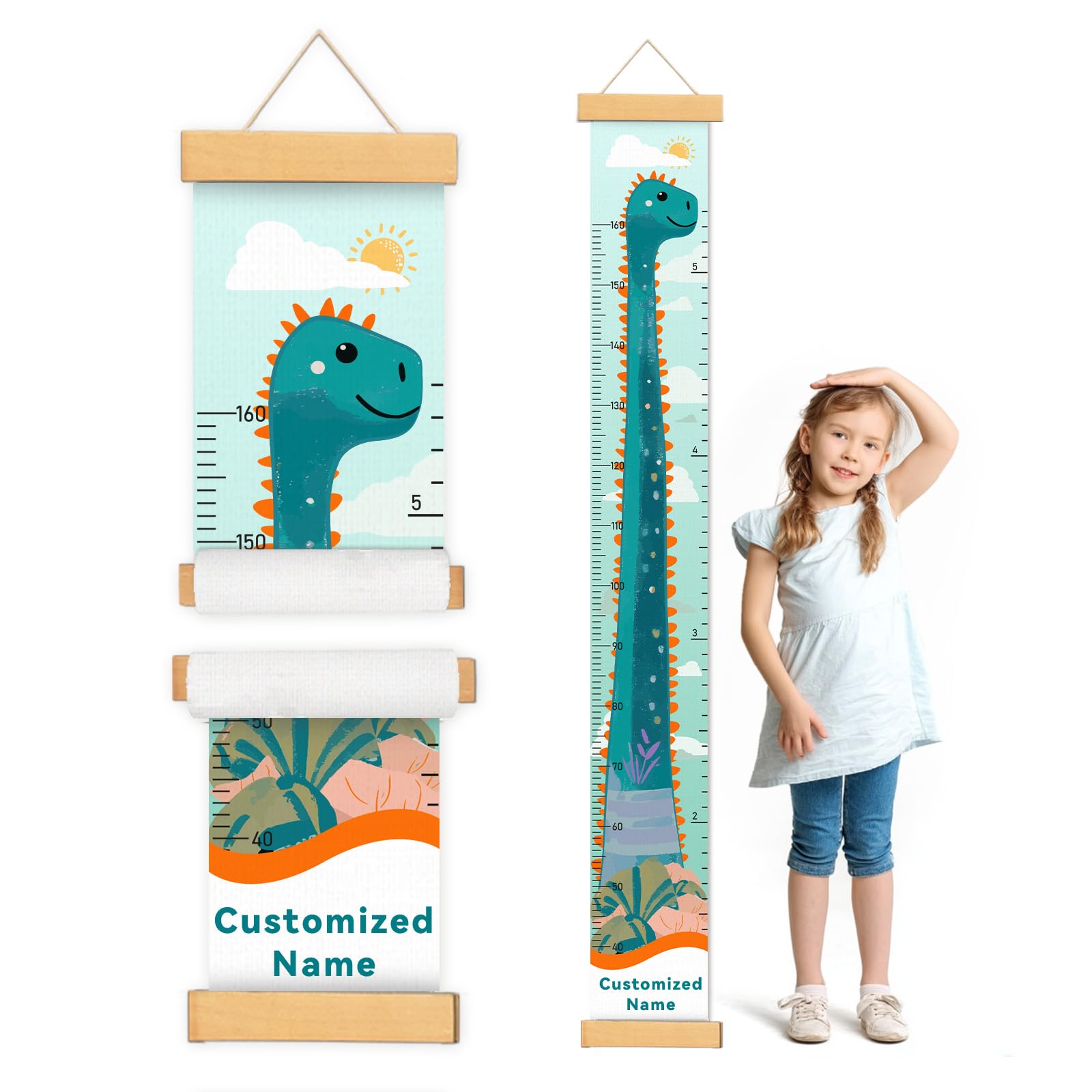CHARMIBLE Personalised Height Chart for Kids, Removable Canvas Custom Name Wall Hanging Measuring Ruler for Child, Baby Measuring Wall Chart for Bedroom Nursery Wall Decoration(Dinosaur)