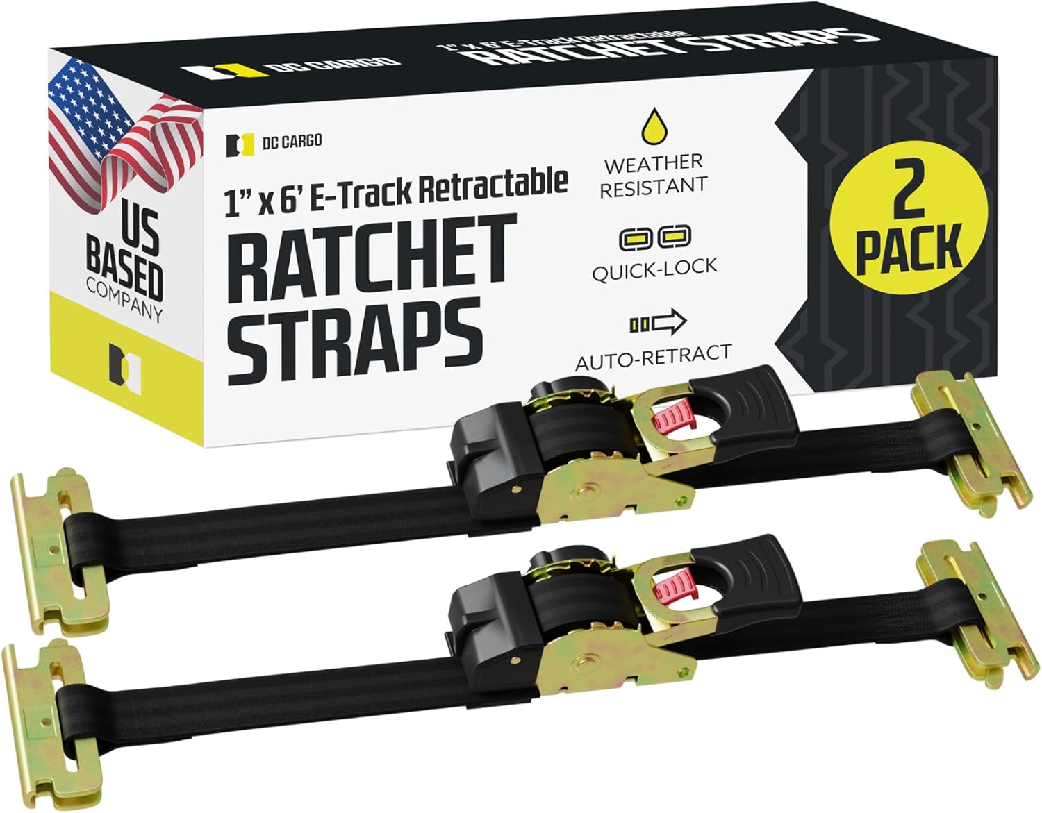 DC Cargo Mall E Track Retractable Ratchet Tie Down Straps Heavy Duty 1,500 lb Break Strength - Trailer E Track Accessories for Secure, Safe Transport 1" x 6' (2 Pack)