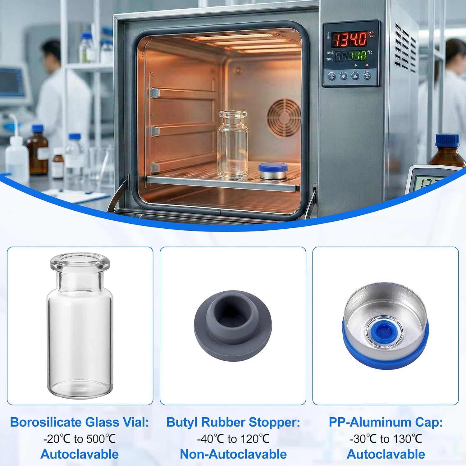 10mL Borosilicate Vials, Rubber Stoppers, Crimp Caps, 200 Pack | Heat-Resistant Glass with Secure Rubber Stoppers and Crimp Caps for Laboratory Sample Storage, Research, and Testing