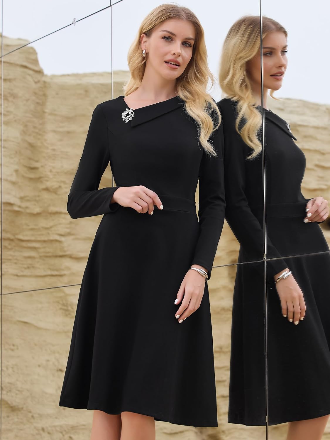 Hobemty Women's A Line Work Dress Long Sleeve Asymmetrical Neckline Office Flare Dresses