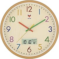 Foxtop 12 Inch Digital & Analog Kids Wall Clock - Silent Non-Ticking Quartz, LCD Time/Day/Temp Display for Classroom, Nursery, Playroom