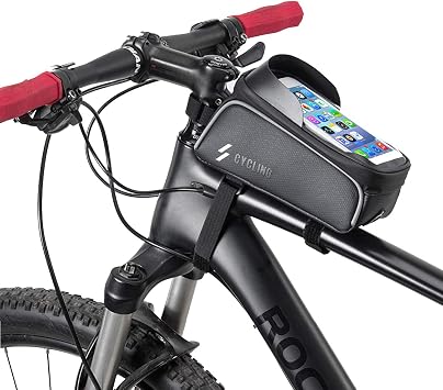 Bike Phone Front Frame Bag with Touch Screen Waterproof Front Frame Storage Handlebar Bag and Waterproof Bicycle Top Tube Cycling Phone Mount Holder Bag