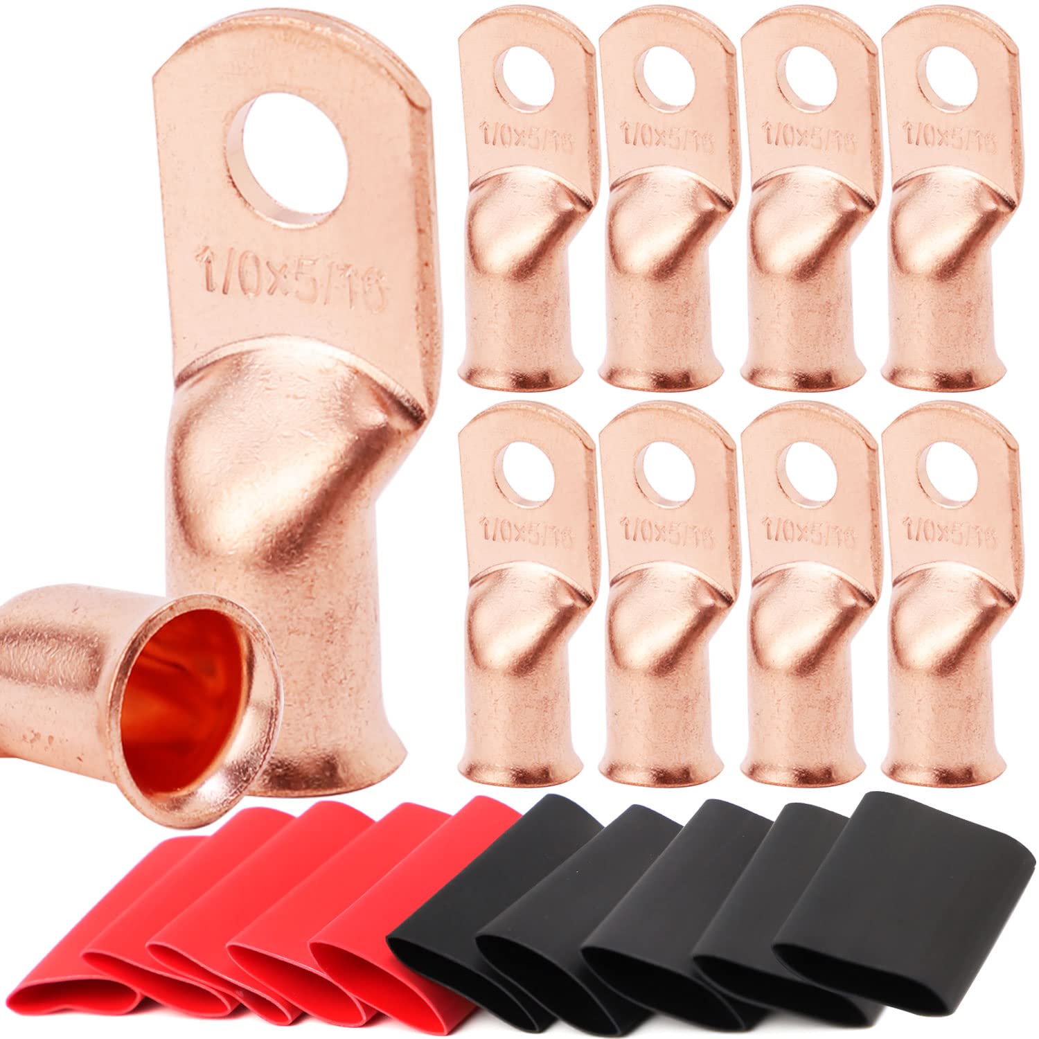 TKDMR 10Pcs 1/0 Awg-5/16" Battery Terminals, Copper Wire Terminals, Heavy Duty Battery Cable Ends, Tubular Ring Terminals, Crim Wire Ring Terminals