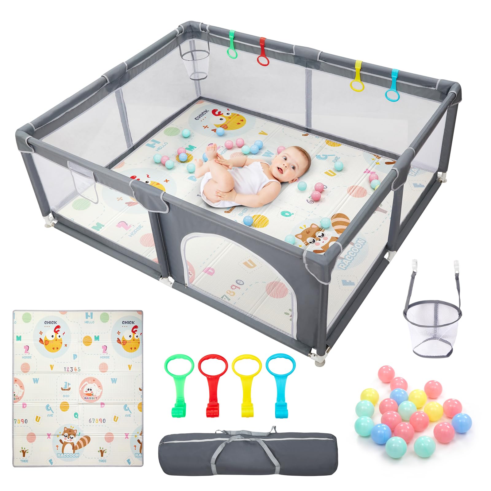 CHOLY Laufstall Baby 150x180cm, Baby Laufstall für Babys und Kleinkinder | sichtbarem atmungsaktivem Netz Schaumstoffschutz, Extra großer Spielplatz (Dunkelgrau mit Spielmatte B, 150*180cm)