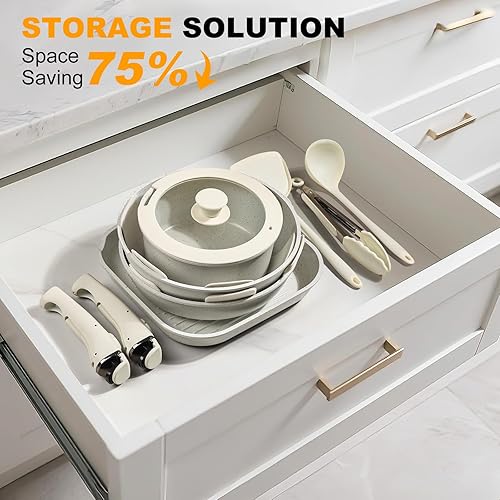 Miniatura 6 de Juego de ollas y sartenes antiadherentes, 20 piezas, juego de utensilios de cocina de cerámica, mango desmontable, no tóxico, apilable, apto para