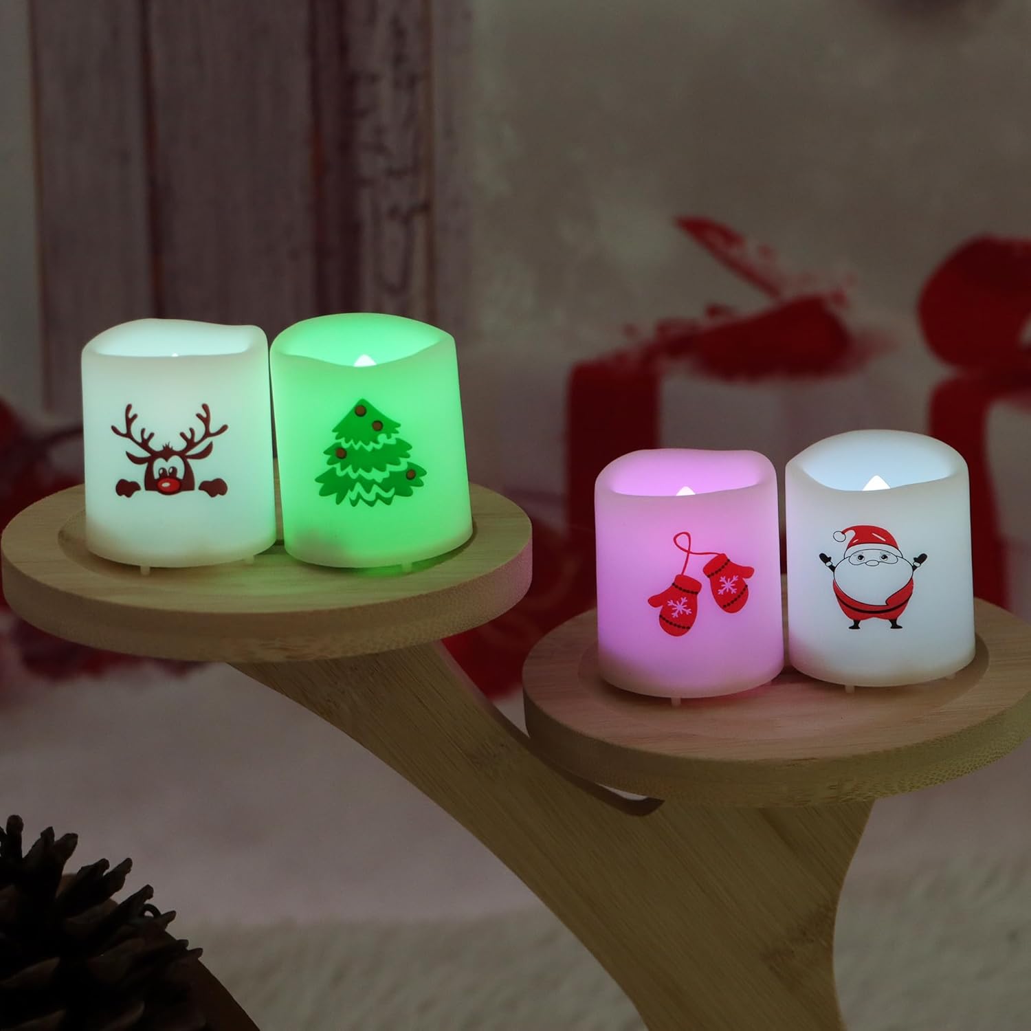 CANDLE CHOICE Christmas Color Changing Battery Operated Flameless Votive Candles Small Realistic Electric LED Votives with Christmas Theme Decals for Xmas Party Decorations 12 Pack Batteries Included