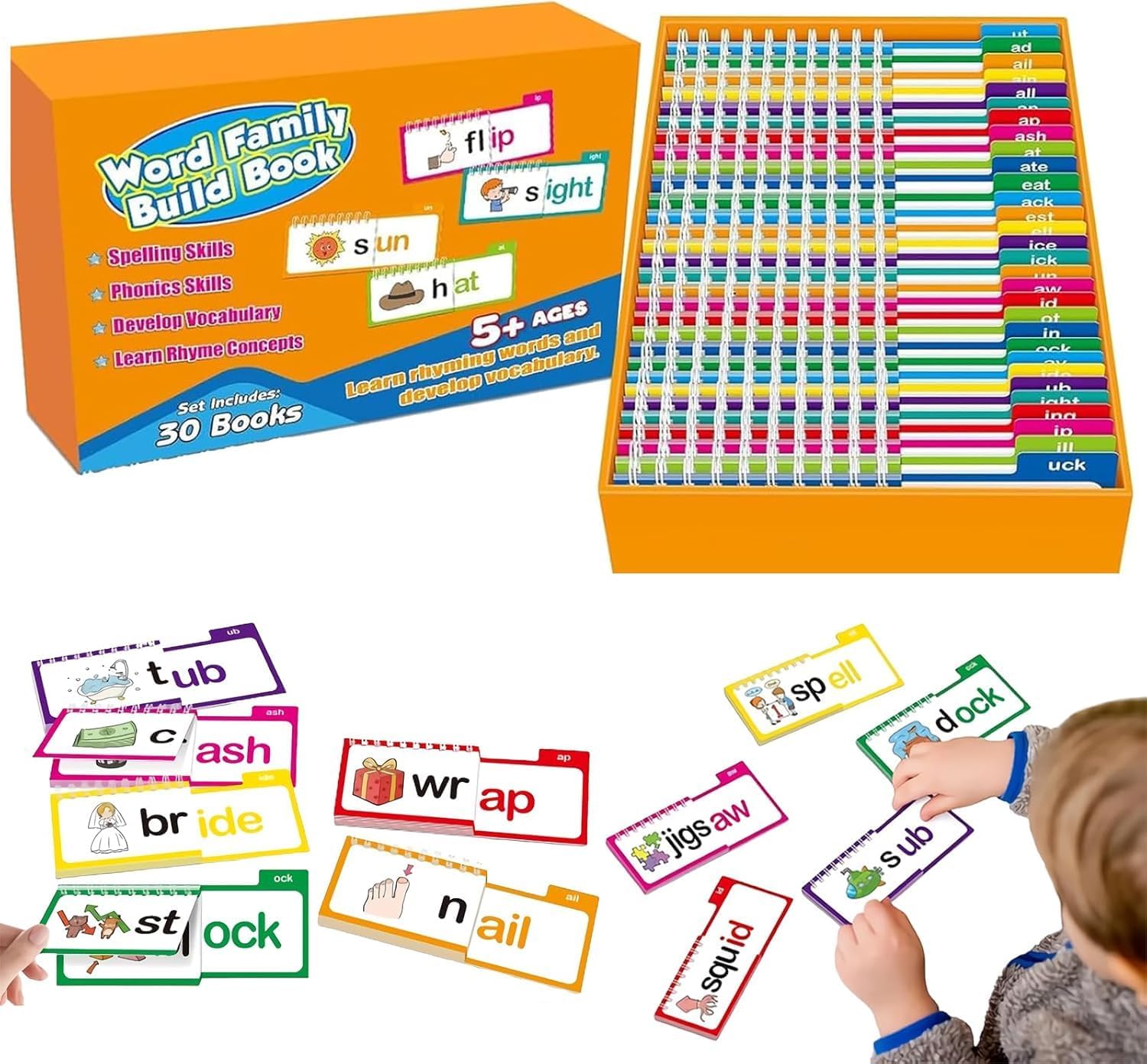 30 Read and Rhyme Flip Books,Sight Words Flash Cards Kindergarten,Kids Phonics Flash Cards,Word Family Build Books Phonics Games Books Gift for Kids Adults Stress Relief