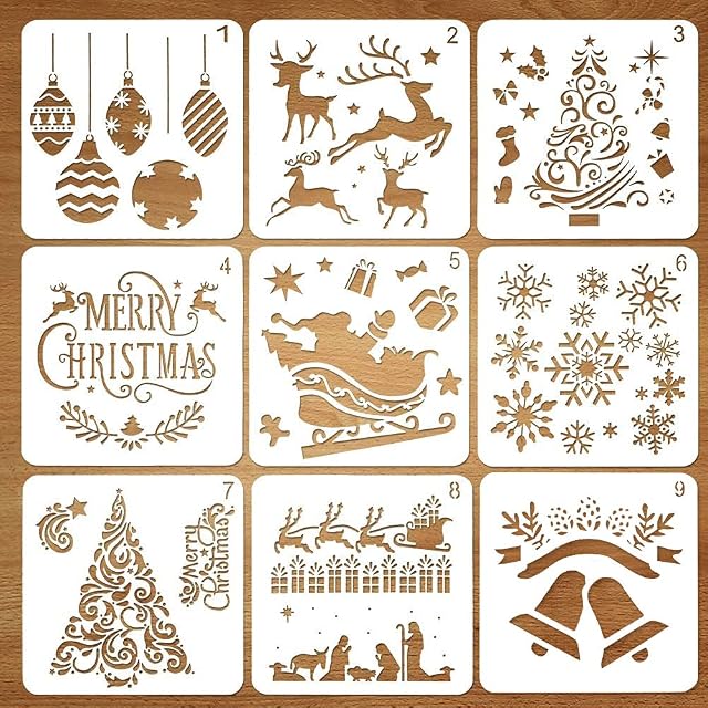huishi 9 Pcs Christmas Stencils TemplatesReusable Painting DIY TemplatesXmas Christmas Stencils for Spraying, Spraying Door Window, Journal Scrapbook Cards Making, DIY Xmas Decoration (5 x 5inch)