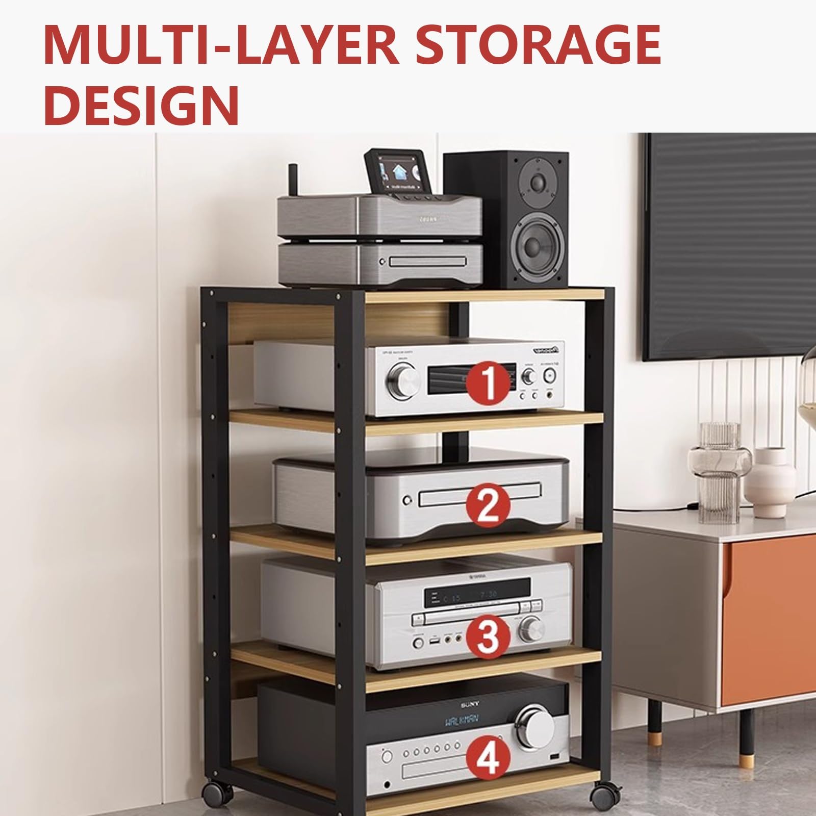 Stojak multimedialny AV z regulacją wysokości, 5-poziomowy stojak stereo i konsola odtwarzacza płyt muzycznych, metalowa rama, wykończenie centrum rozrywki, 50 x 40 x 90 cm