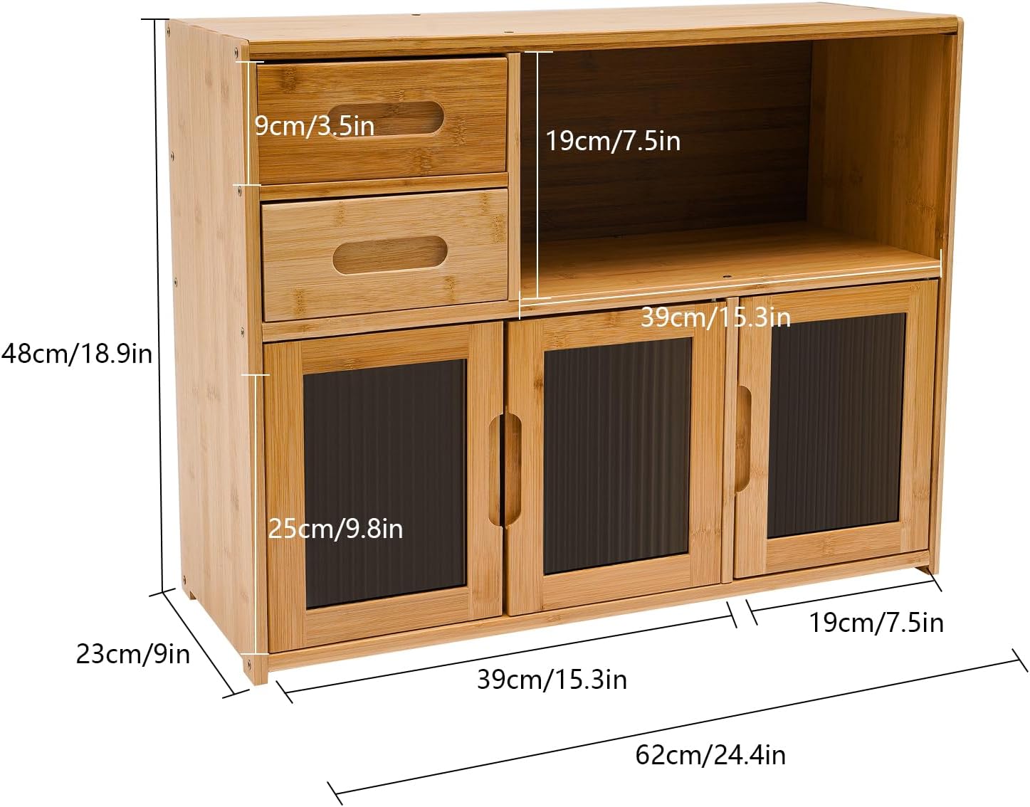 2 Tiers Bamboo Countertop Cabinet, Kitchen Storage Cabinet Pantry Sideboard, Two Drawers and Acrylic Clear Doors, Use for Storage Spice Seasoning Bottles, Plates, Cups, 24.4 x 9 x 18.9in