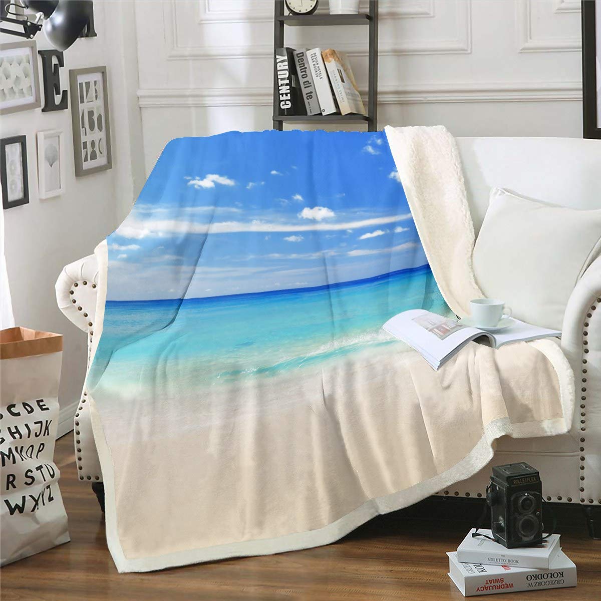 Loussiesd Ocean Fleece Blankets Sea and Sky Landscape Blanket for Kids Boys Girls Adults Tropical Hawaiian Beach Tapestries Wall Hanging Ultra Soft EEEEE,Room Decor Sherpa Blanket King 87"*94"