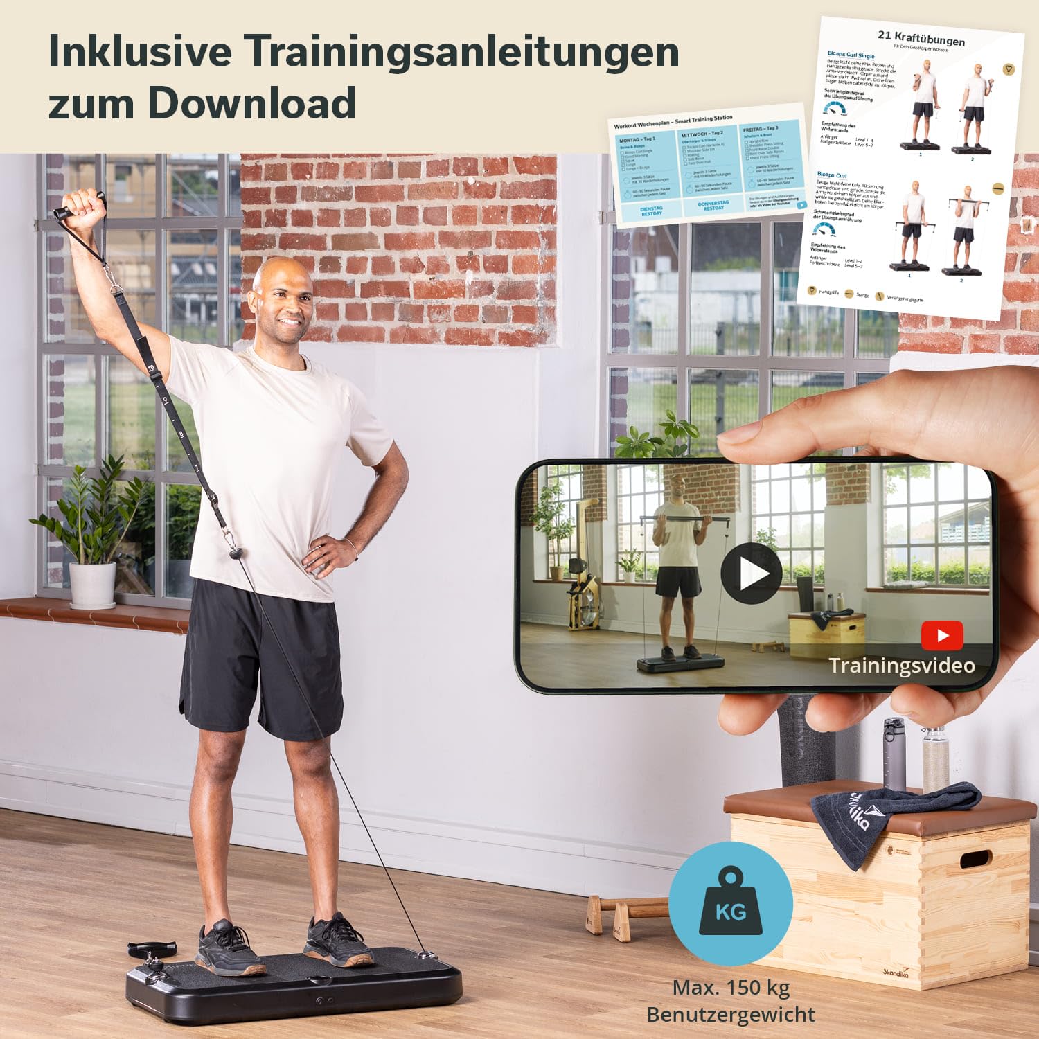 Skandika Kraftstation Smart Training Station | Fitnessgerät für zuhause, 50 kg Seilzug, Multifunktion Home-Gym Equipment, Ganzkörpertraining, Calisthenics | Fitnessstation, Trainingsgerät, Fitness