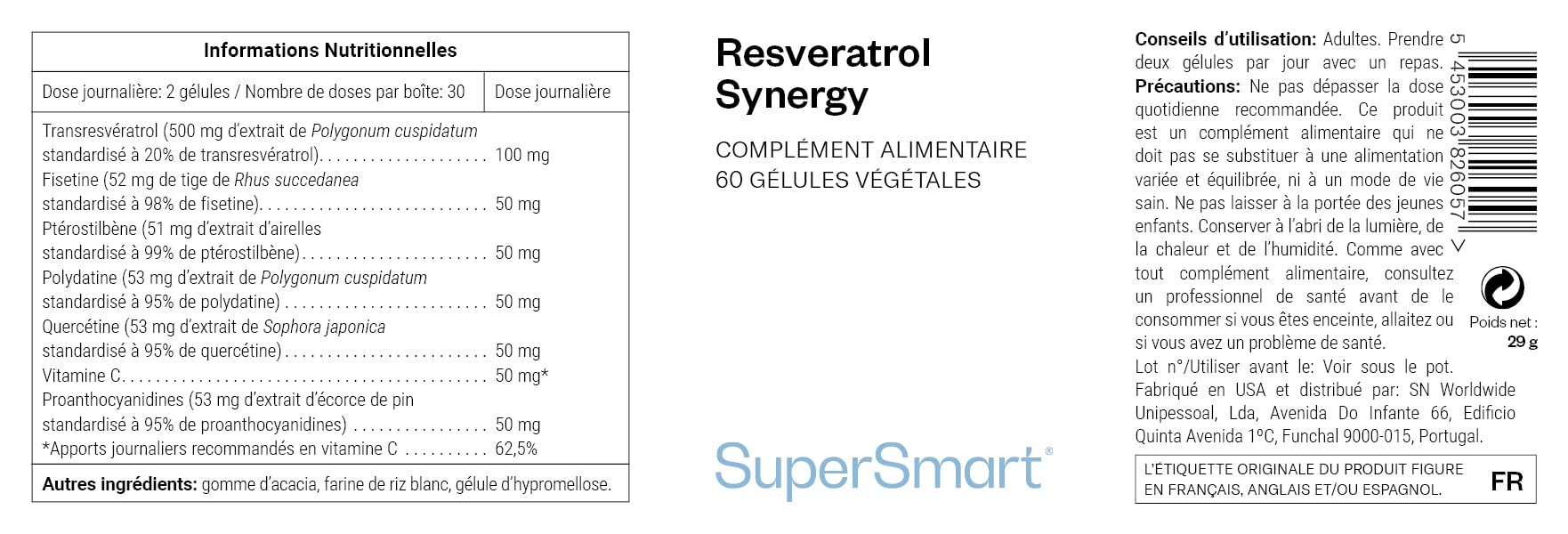 Resveratrol Synergy - Puissants Antioxydants Naturels (Fisétine, Ptérostilbène, Quercétine, Polydatine, Proanthocyanidines) - Aide à Combattre le Stress Oxydatif - Vegan - Sans Gluten - SuperSmart