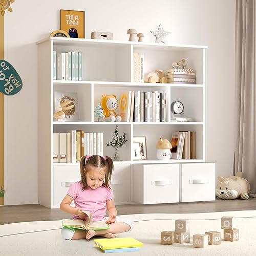 Miniatura 6 de EROMMY Organizador de almacenamiento de juguetes con 4 cajones de tela plegables y 7 cubos de almacenamiento, estantería para niños para sala de