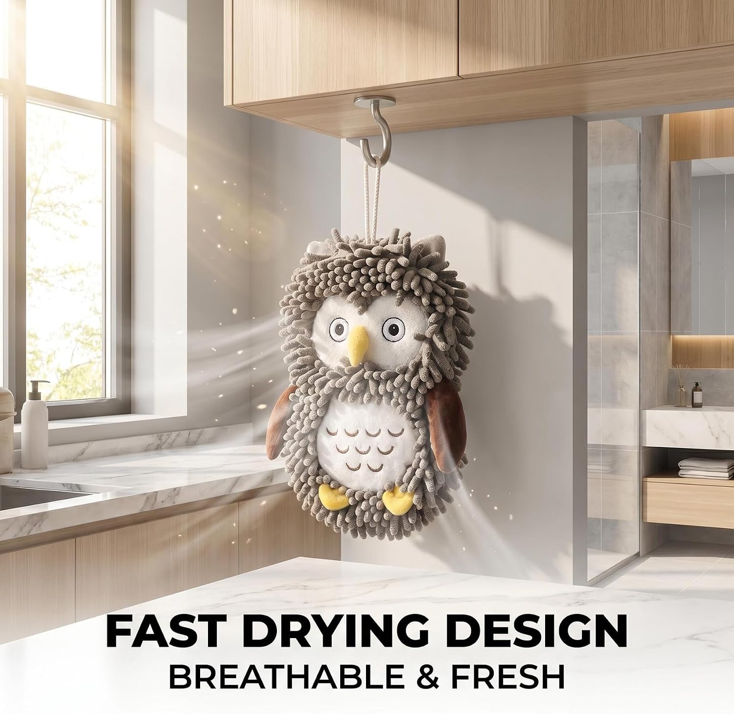 Cute Owl Chenille Hand Towel Ball with Hanging Loop, Absorbent Microfiber Animal Hand Towels for Bathroom Kitchen, Fast Drying Plush Hand Drying Puff for Sink, Counter & Dish Cleaning, Gray