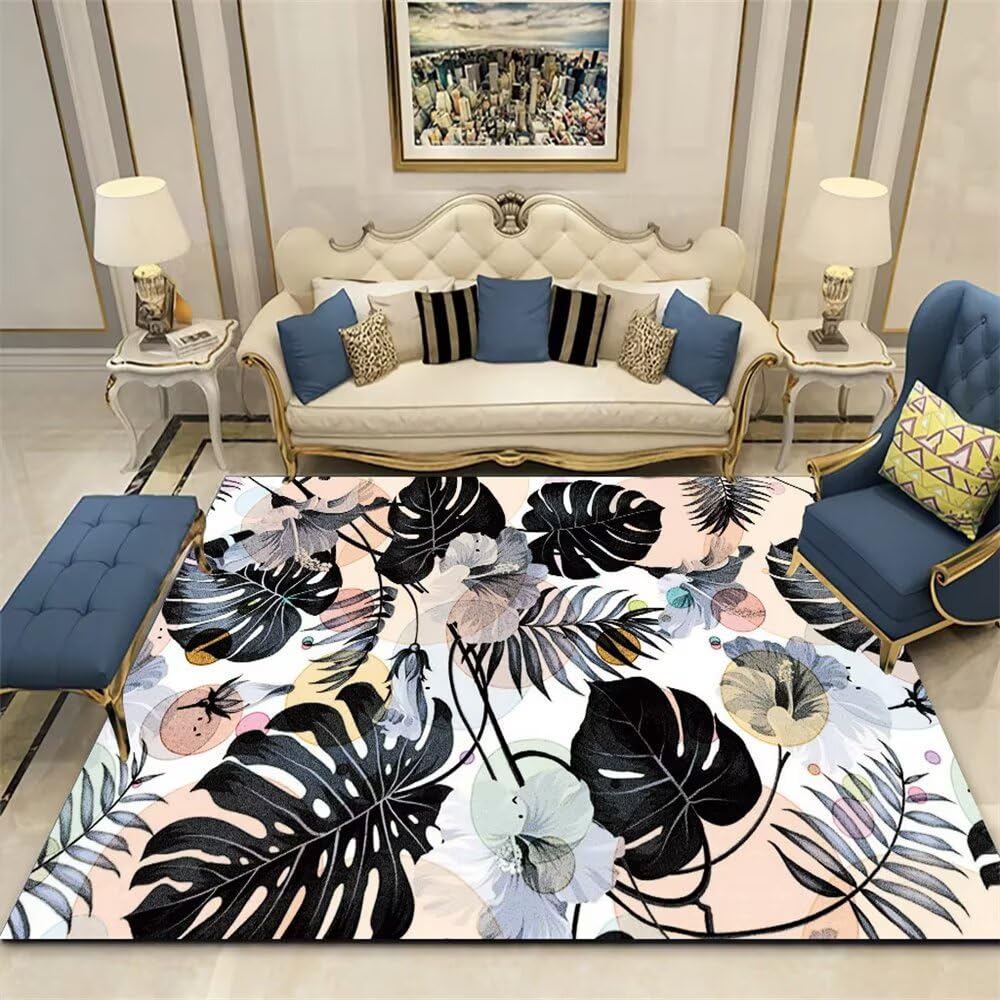 Tapis noir à feuilles roses doux 100x200cm pour chambre d'enfant