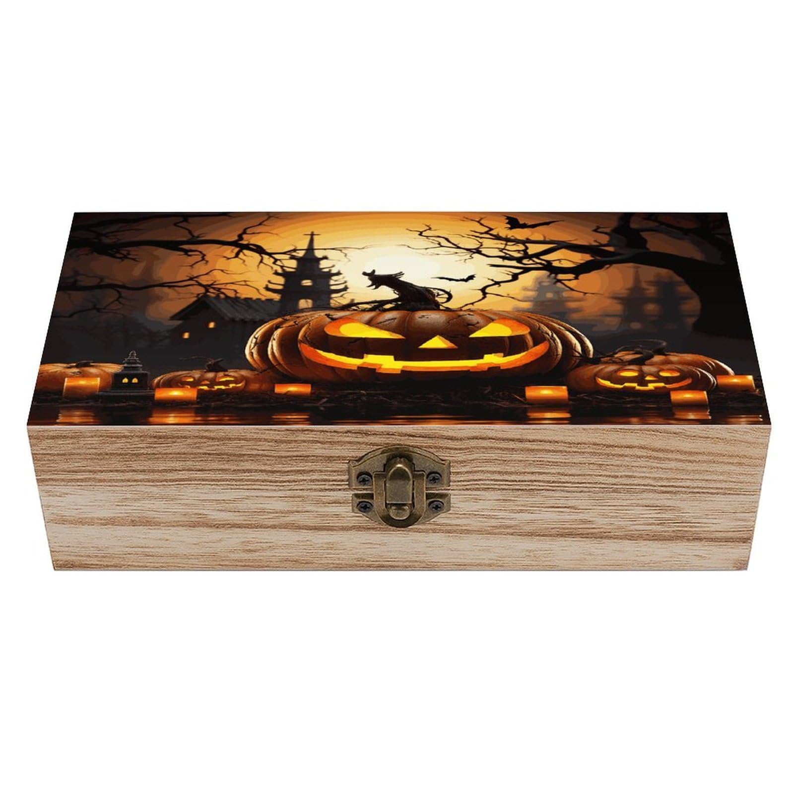Btcowzrv Style Halloween Pumpkin Wooden Storage Box, Keepsake Box With Hinged And Retro Lock, Wood Jewelry Organizer For Photos & Mementos And Home Decor