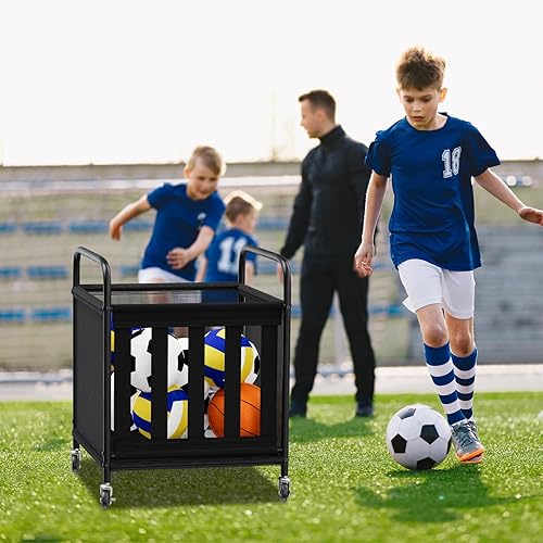 Miniatura 7 de Carrito de almacenamiento de pelotas, organizador de equipo deportivo con ruedas, almacenamiento de voleibol, baloncesto, fútbol, béisbol y