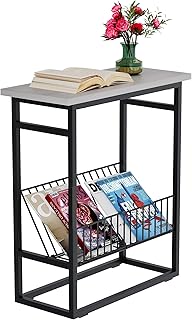 Unglehome End Table, Narrow Nightstand, Skinny Bedside Tables, Small Side Table for Small Spaces with Magazine Holder Rustic Slim Little Thin Table for Living Room, Bedroom, Sofa-Light Grey
