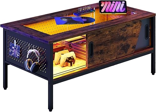 Bestier Mesa de centro LED con almacenamiento de vidrio para sala de estar con puertas correderas, mesa central de sala de estar marrón rústico de