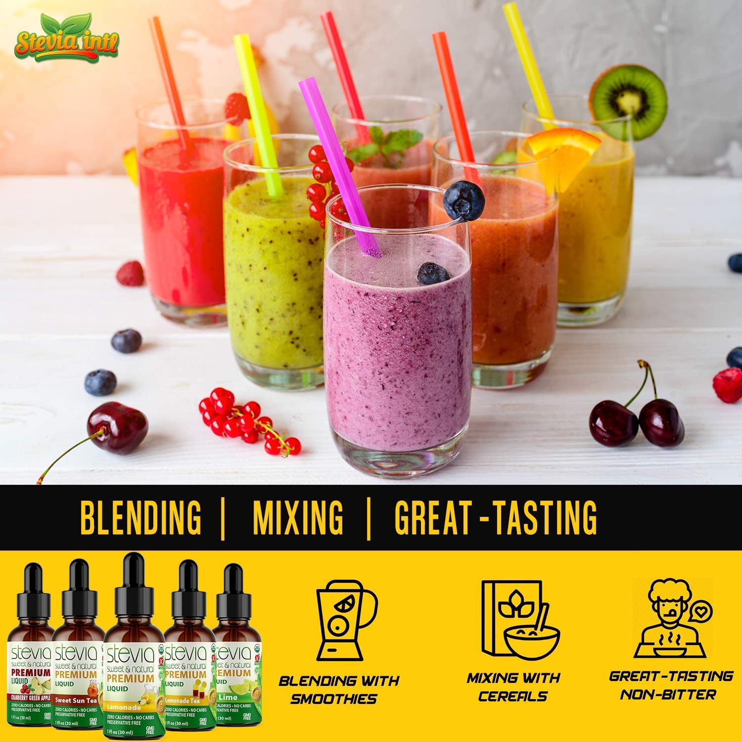 Stevia Intl (Pack of 5) Refreshers Bundle with 5 Flavors. Stevia Liquid Drops. Naturally Sweet, Non-Bitter, No Sugar Added, 0 Carb, 0 Calorie, Non-GMO, Vegan, Diabetic & Keto Friendly (1oz)