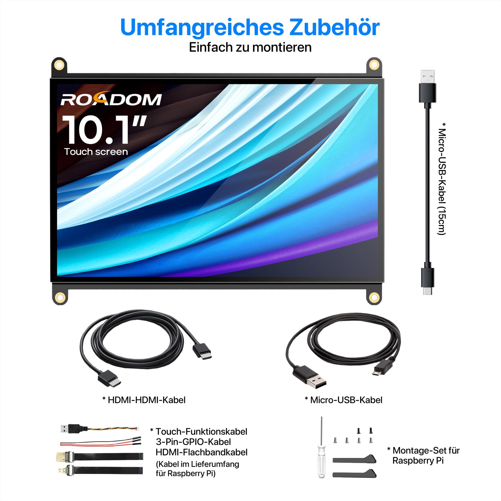 ROADOM 10.1" Touchscreen Monitor, 1024x600 IPS für Raspberry Pi, HDMI | 5-Punkt-Touch, Dual-Speaker, Plug & Play, Pi 5/4/3/Zero, Home Assistant, Gaming, Sub-Monitor, 3 Display-Modi, Easy Setup
