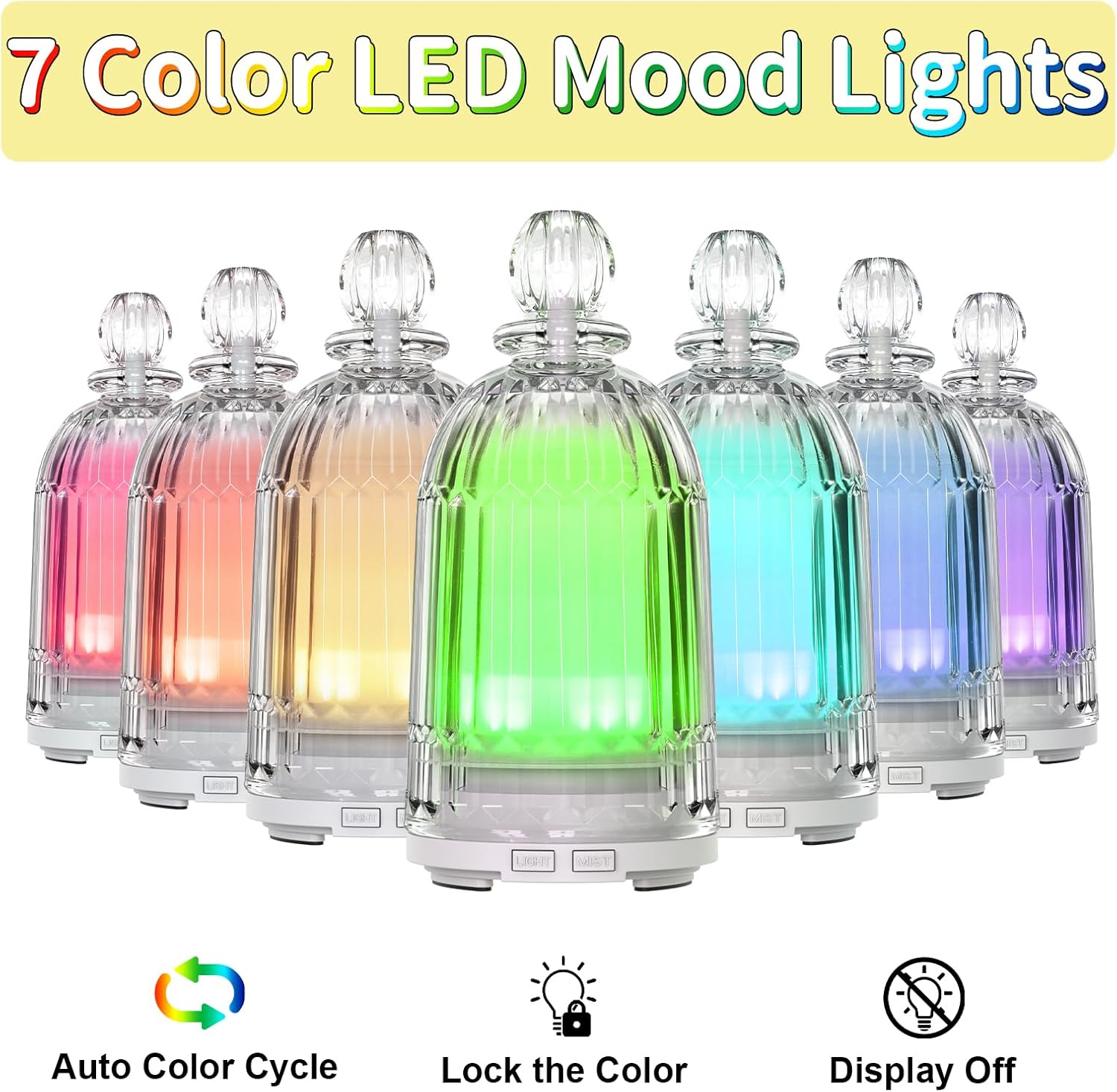 Glass Essential Oil Diffuser, Aroma Diffusers with Glass Cover & Plastic Reservoir Small Humidifiers with 7 Color LED Lights Auto-Off for Home Office Bedroom Yoga 120ml(White Bottom) - Image 2
